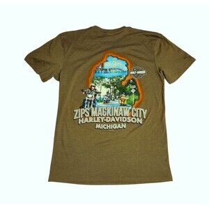 Harley Davidson Short Sleeve Tshirt Green w/ Zips Mackinaw City Graphic Size M